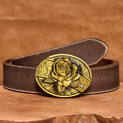 Men's DIY Bronze Rose Hidden Folding Knife Leather Belt - Rose - Brown Distressed Belt - 42 - image 9