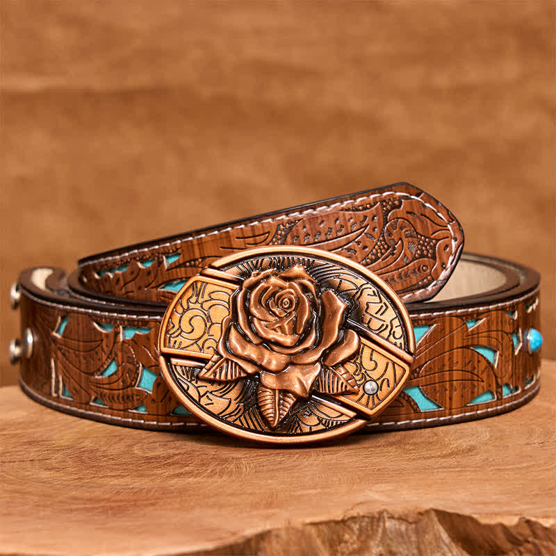 Men's DIY Red Bronze Rose Hidden Folding Knife Leather Belt - Rose - Turquoise Carved Belt - 42 - image 6