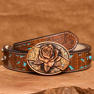 Men's DIY Red Bronze Rose Hidden Folding Knife Leather Belt - Rose - Turquoise Carved Belt - 42 - image 6