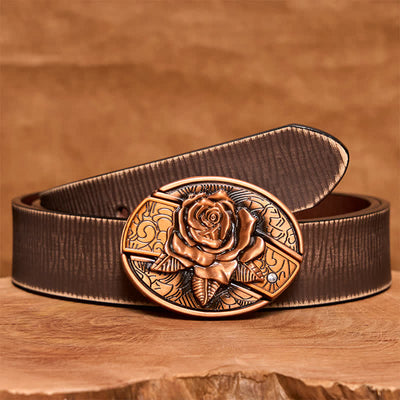 Men's DIY Red Bronze Rose Hidden Folding Knife Leather Belt - Rose - Brown Distressed Belt - 42 - image 9