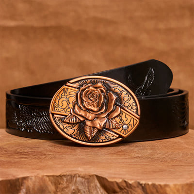 Men's DIY Red Bronze Rose Hidden Folding Knife Leather Belt - Rose - Black Embossed Eagle Belt - 42 - image 7