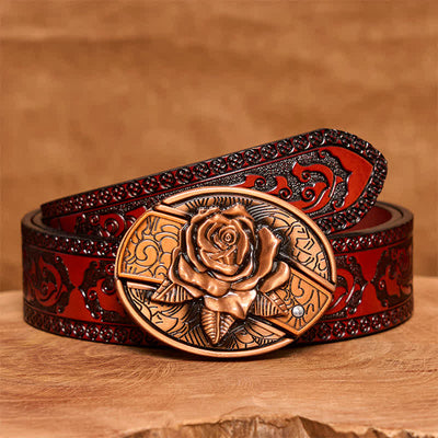 Men's DIY Red Bronze Rose Hidden Folding Knife Leather Belt - Rose - Brown Carved Belt - 42 - image 8