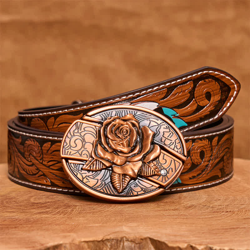 Men's DIY Red Bronze Rose Hidden Folding Knife Leather Belt - Rose - Brown Feather Belt - 40 - image 10