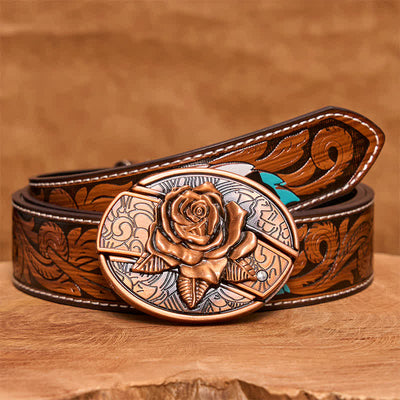 Men's DIY Red Bronze Rose Hidden Folding Knife Leather Belt - Rose - Brown Feather Belt - 40 - image 10