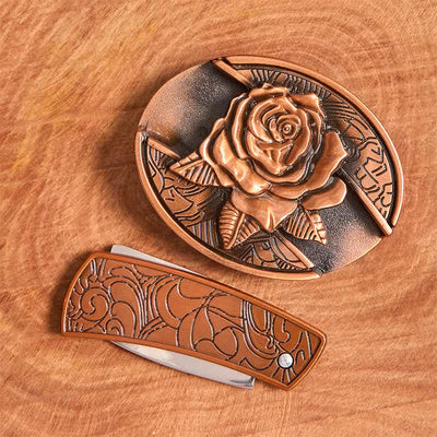 Men's DIY Red Bronze Rose Hidden Folding Knife Leather Belt - image 4