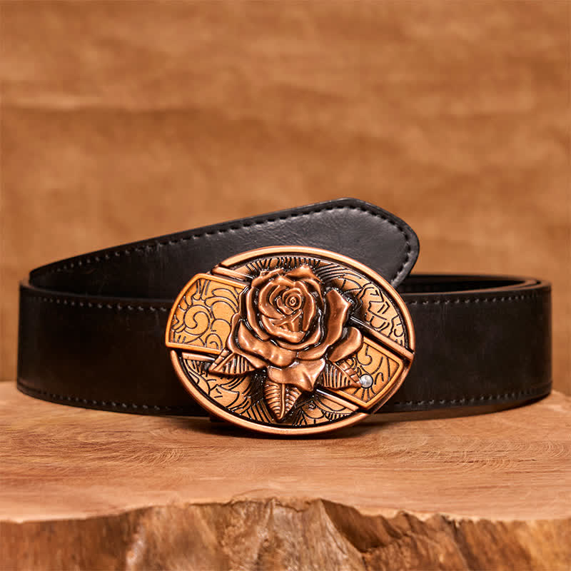 Men's DIY Red Bronze Rose Hidden Folding Knife Leather Belt - Rose - Black PU Belt - 42 - image 5