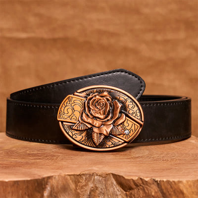 Men's DIY Red Bronze Rose Hidden Folding Knife Leather Belt - Rose - Black PU Belt - 42 - image 5