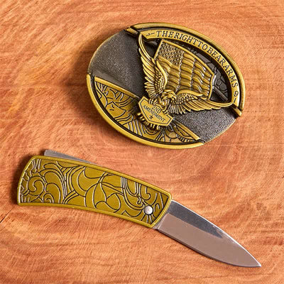 Men's DIY Bronze Eagle USA Flag Hidden Folding Knife Leather Belt - image 2