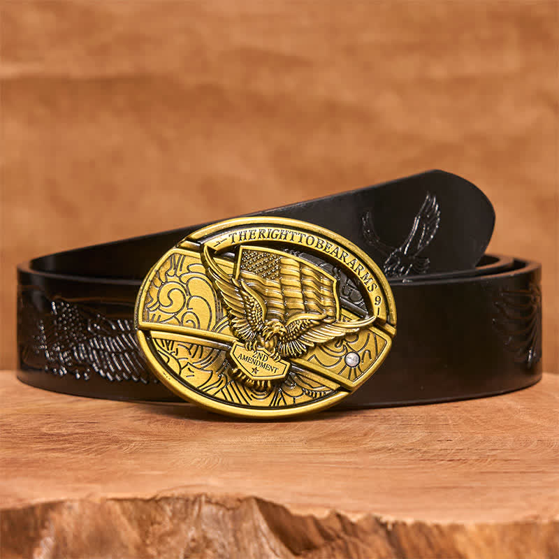 Men's DIY Bronze Eagle USA Flag Hidden Folding Knife Leather Belt - Eagle - Black Embossed Eagle Belt - 42 - image 7