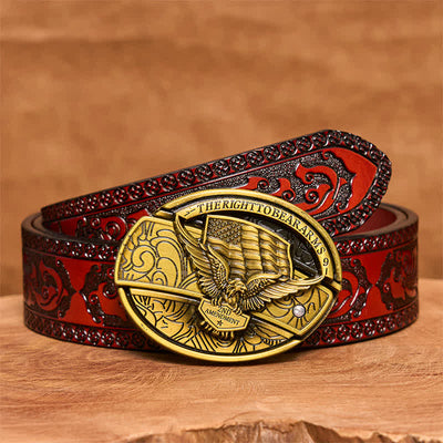 Men's DIY Bronze Eagle USA Flag Hidden Folding Knife Leather Belt - Eagle - Brown Carved Belt - 42 - image 8