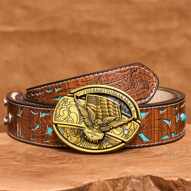 Men's DIY Bronze Eagle USA Flag Hidden Folding Knife Leather Belt - Eagle - Turquoise Carved Belt - 42 - image 6