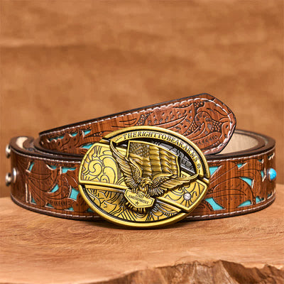Men's DIY Bronze Eagle USA Flag Hidden Folding Knife Leather Belt - Eagle - Turquoise Carved Belt - 42 - image 6