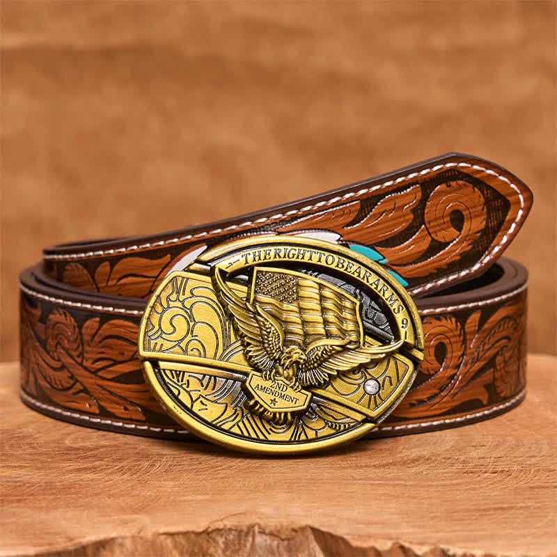 Men's DIY Bronze Eagle USA Flag Hidden Folding Knife Leather Belt - Eagle - Brown Feather Belt - 40 - image 10