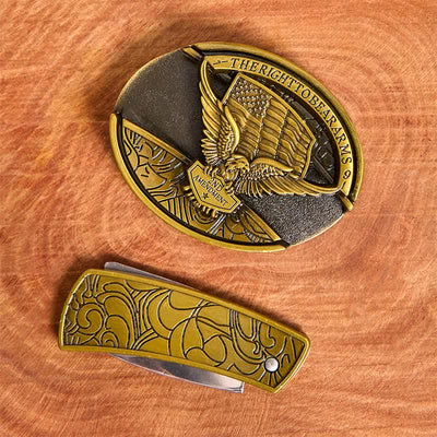 Men's DIY Bronze Eagle USA Flag Hidden Folding Knife Leather Belt - image 4