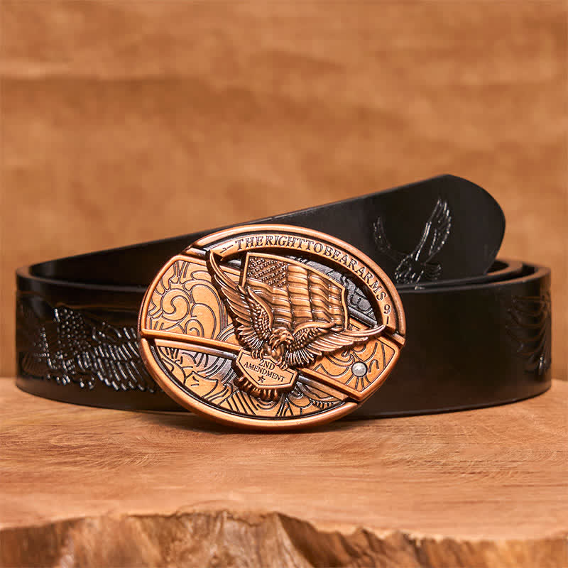 Men's DIY Red Bronze Eagle USA Flag Hidden Folding Knife Leather Belt - Eagle - Black Embossed Eagle Belt - 42 - image 7