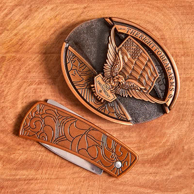 Men's DIY Red Bronze Eagle USA Flag Hidden Folding Knife Leather Belt - image 4
