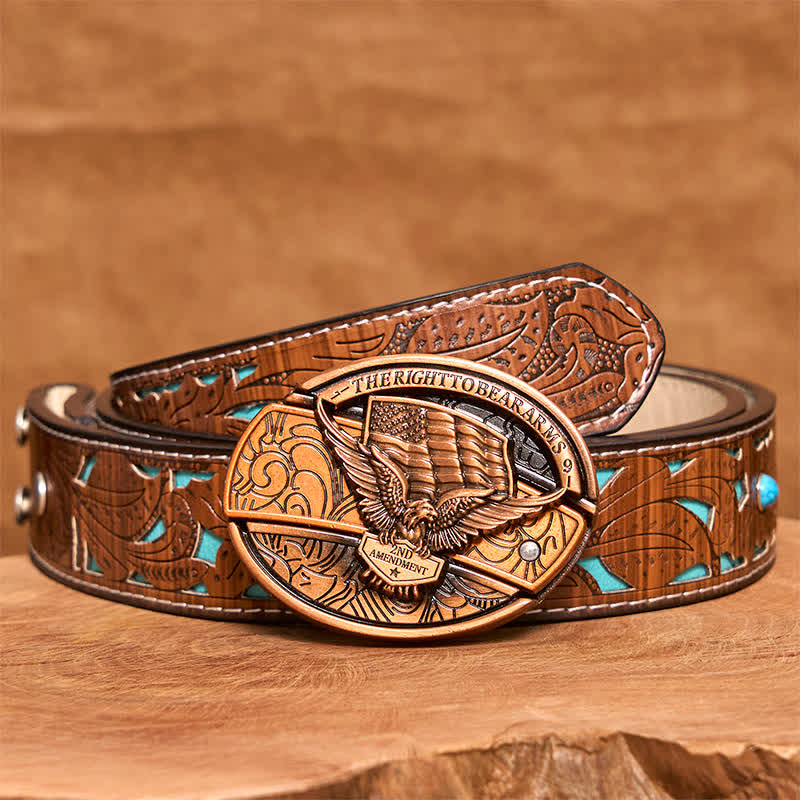 Men's DIY Red Bronze Eagle USA Flag Hidden Folding Knife Leather Belt - Eagle - Turquoise Carved Belt - 42 - image 6