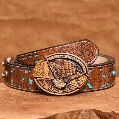Men's DIY Red Bronze Eagle USA Flag Hidden Folding Knife Leather Belt - Eagle - Turquoise Carved Belt - 42 - image 6