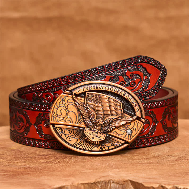 Men's DIY Red Bronze Eagle USA Flag Hidden Folding Knife Leather Belt - Eagle - Brown Carved Belt - 42 - image 8
