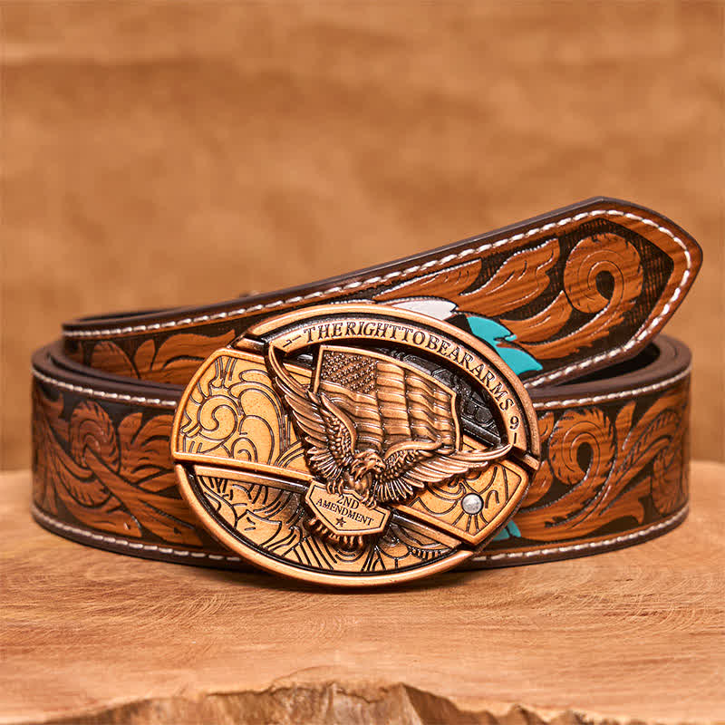 Men's DIY Red Bronze Eagle USA Flag Hidden Folding Knife Leather Belt - Eagle - Brown Feather Belt - 40 - image 10