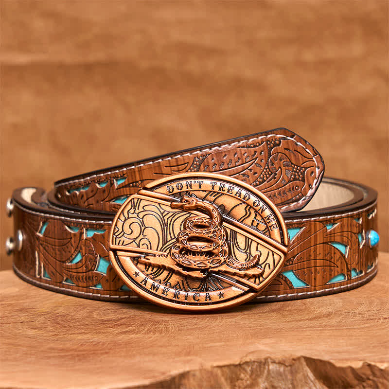 Men's DIY Red Bronze Snake Hidden Folding Knife Leather Belt - Snake - Turquoise Carved Belt - 42 - image 6