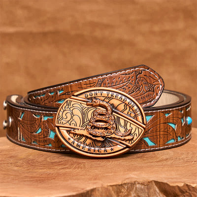 Men's DIY Red Bronze Snake Hidden Folding Knife Leather Belt - Snake - Turquoise Carved Belt - 42 - image 6