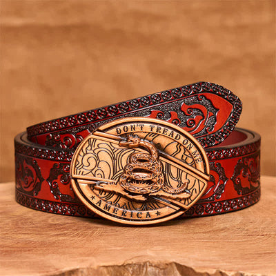 Men's DIY Red Bronze Snake Hidden Folding Knife Leather Belt - Snake - Brown Carved Belt - 42 - image 8