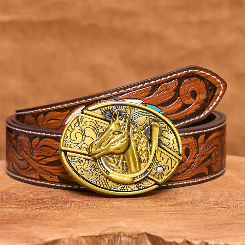 Men's DIY Bronze Horse Head Hidden Folding Knife Leather Belt - Snake - Brown Feather Belt - 40 - image 10