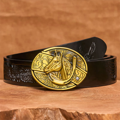 Men's DIY Bronze Horse Head Hidden Folding Knife Leather Belt - Snake - Black Embossed Eagle Belt - 42 - image 7