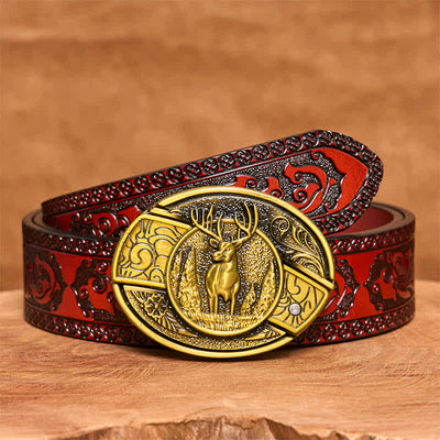Men's DIY Bronze Forest Deer Hidden Folding Knife Leather Belt - Deer - Brown Carved Belt - 42 - image 8