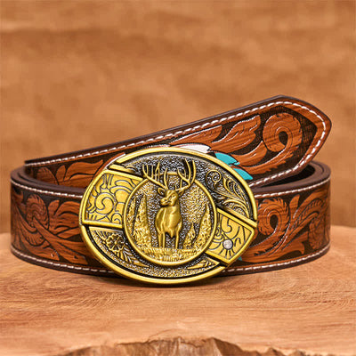 Men's DIY Bronze Forest Deer Hidden Folding Knife Leather Belt - Deer - Brown Feather Belt - 40 - image 10