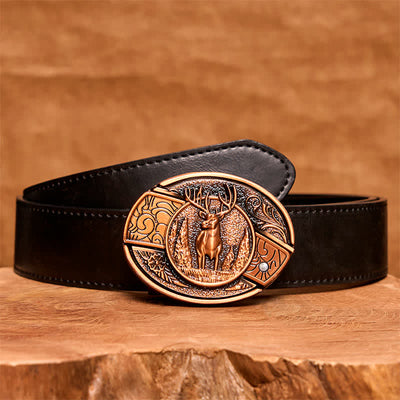 Men's DIY Red Bronze Forest Deer Hidden Folding Knife Leather Belt - Deer - Black PU Belt - 42 - image 5