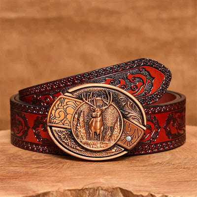 Men's DIY Red Bronze Forest Deer Hidden Folding Knife Leather Belt - Deer - Brown Carved Belt - 42 - image 8