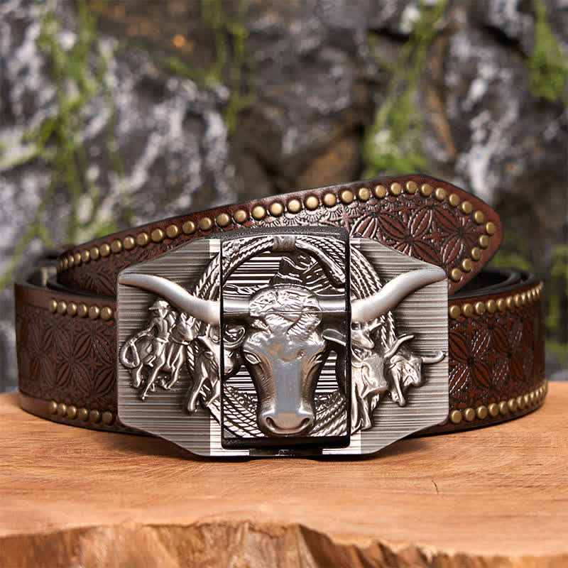 Men's DIY Silver Domineering Bull Leather Belt with Hidden Lighter - Longhorn Bull - Brown Rivet Belt - 42 - image 8
