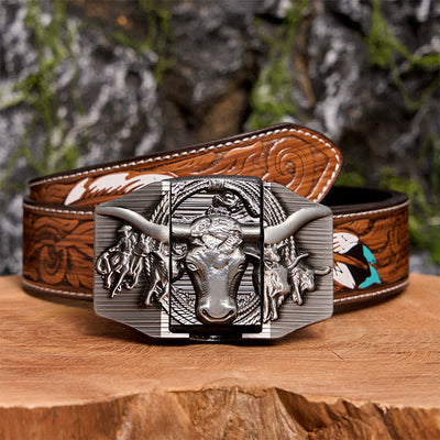 Men's DIY Silver Domineering Bull Leather Belt with Hidden Lighter - Longhorn Bull - Brown Feather Belt - 40 - image 11