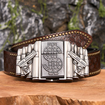 Men's DIY Silver Dual Guns & Bullets Leather Belt With Hidden Lighter - Dual Guns & Bullets - Brown Rivet Belt - 42 - image 8