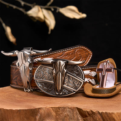 Longhorn Bull DIY Hidden Knife Belt Buckle Cross Necklace Bundle Set - Longhorn Bull - Brown Feather Belt - 40 - image 1