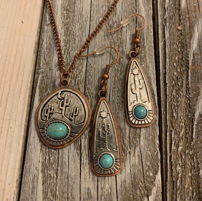 Vintage Water Drop Round Cactus With Turquoise Earrings Necklace - Ancient red copper - image 3