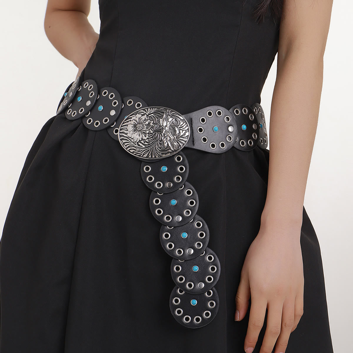 Round Hollowed Out Blue Diamond Inlaid Women's Leather Belt - image 2