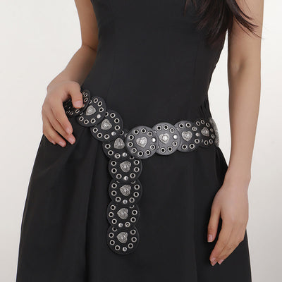 Black&Reddish Brown Exquisite Round Hollow Women's Leather Belt - Black - image 2