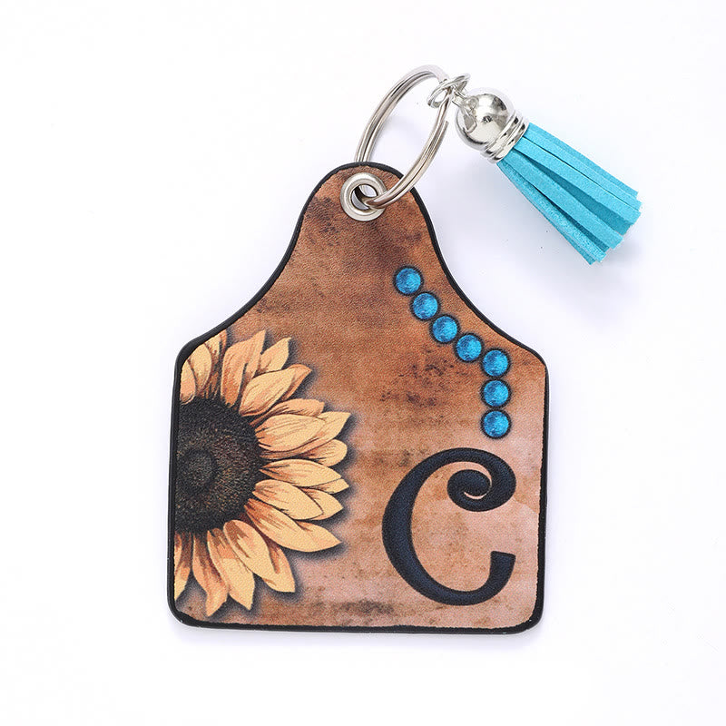 Western Style Sunflower&Letter Tassel Leather Keychain - C - image 5