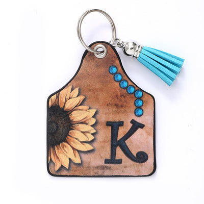 Western Style Sunflower&Letter Tassel Leather Keychain - K - image 13