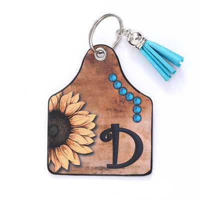 Western Style Sunflower&Letter Tassel Leather Keychain - D - image 6
