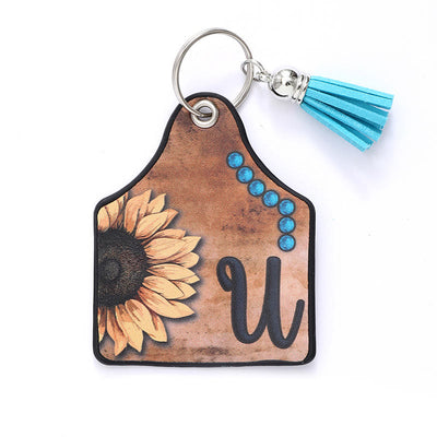 Western Style Sunflower&Letter Tassel Leather Keychain - U - image 23