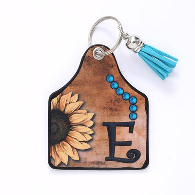 Western Style Sunflower&Letter Tassel Leather Keychain - E - image 7