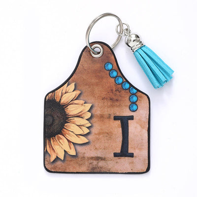 Western Style Sunflower&Letter Tassel Leather Keychain - I - image 11