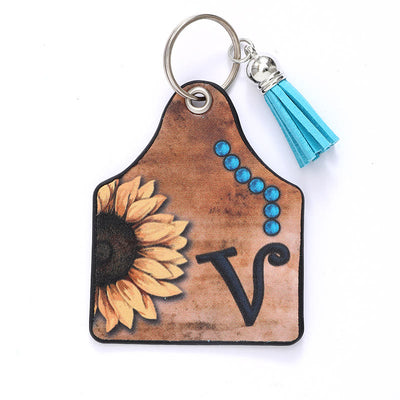 Western Style Sunflower&Letter Tassel Leather Keychain - V - image 24
