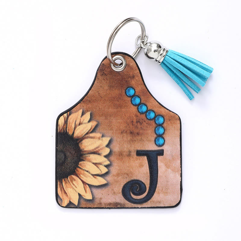 Western Style Sunflower&Letter Tassel Leather Keychain - J - image 12