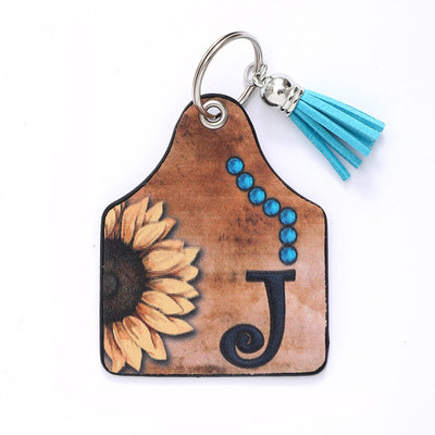 Western Style Sunflower&Letter Tassel Leather Keychain - J - image 12