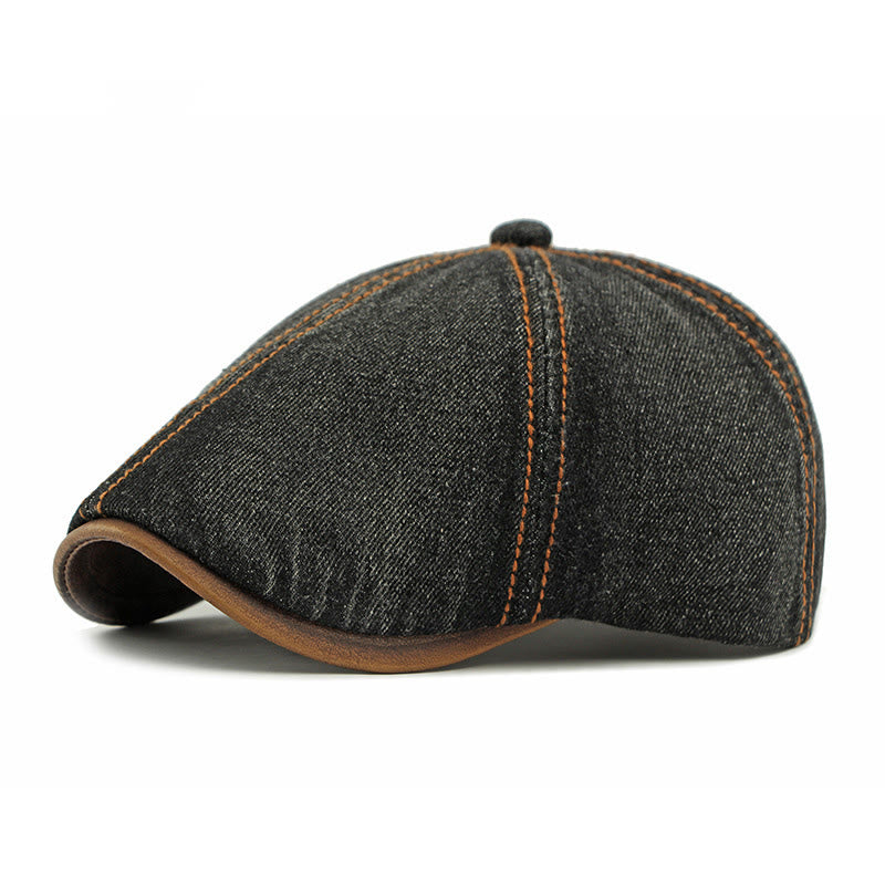 Unisex British Retro Washed Denim Beret Hat - Black - image 4